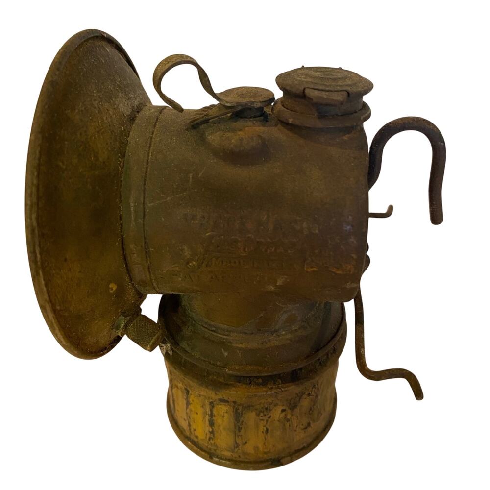 Vintage coal miners Justrite brass carbine light.  Made in USA.  PAT APPLIED.